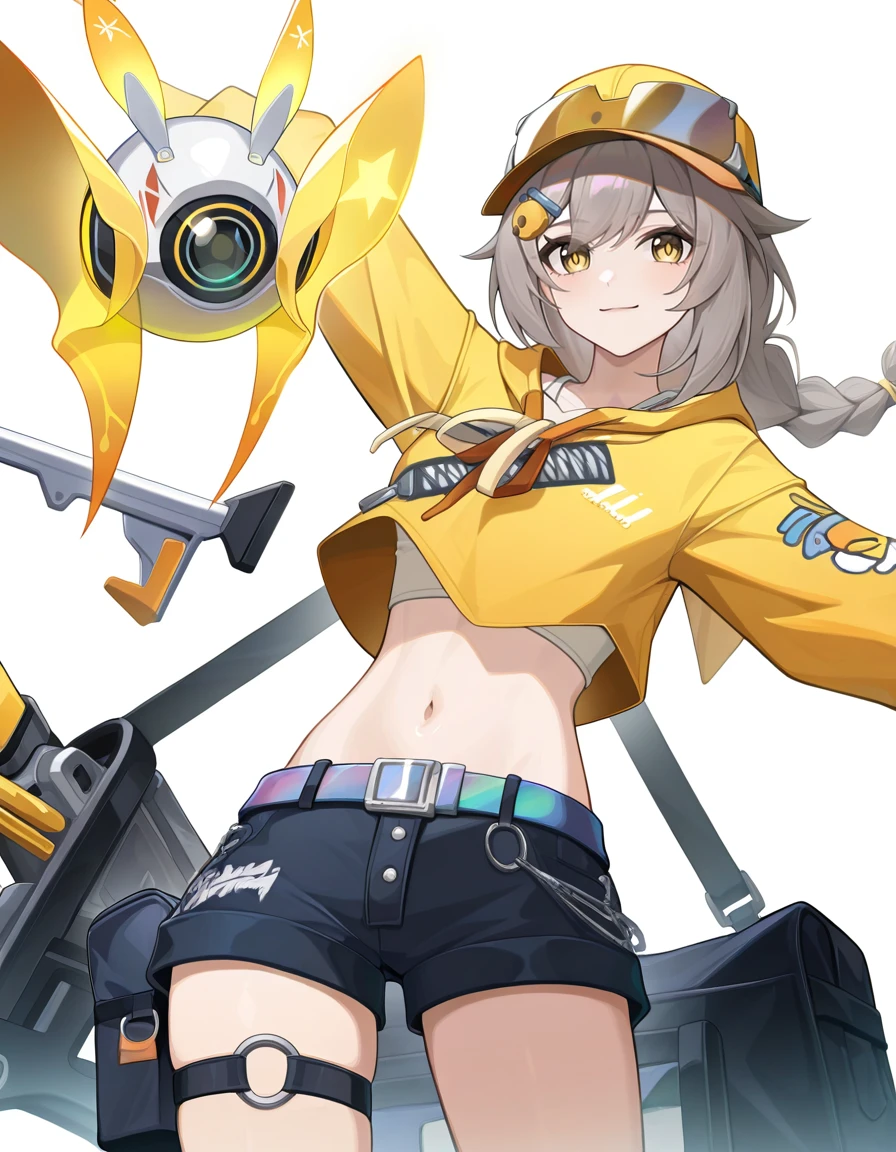 xinxia04, 1girl, solo, shorts, hat, black shorts, long hair, braid, yellow eyes, looking at viewer, baseball cap, short shorts, smile, white background, long sleeves, midriff, hood, navel, grey hair, belt, simple background, crop top, hair ornament, weapon, thigh strap, hoodie,
<lora:xinxia_noob2>,masterpiece,best quality,very aesthetic,absurdres,