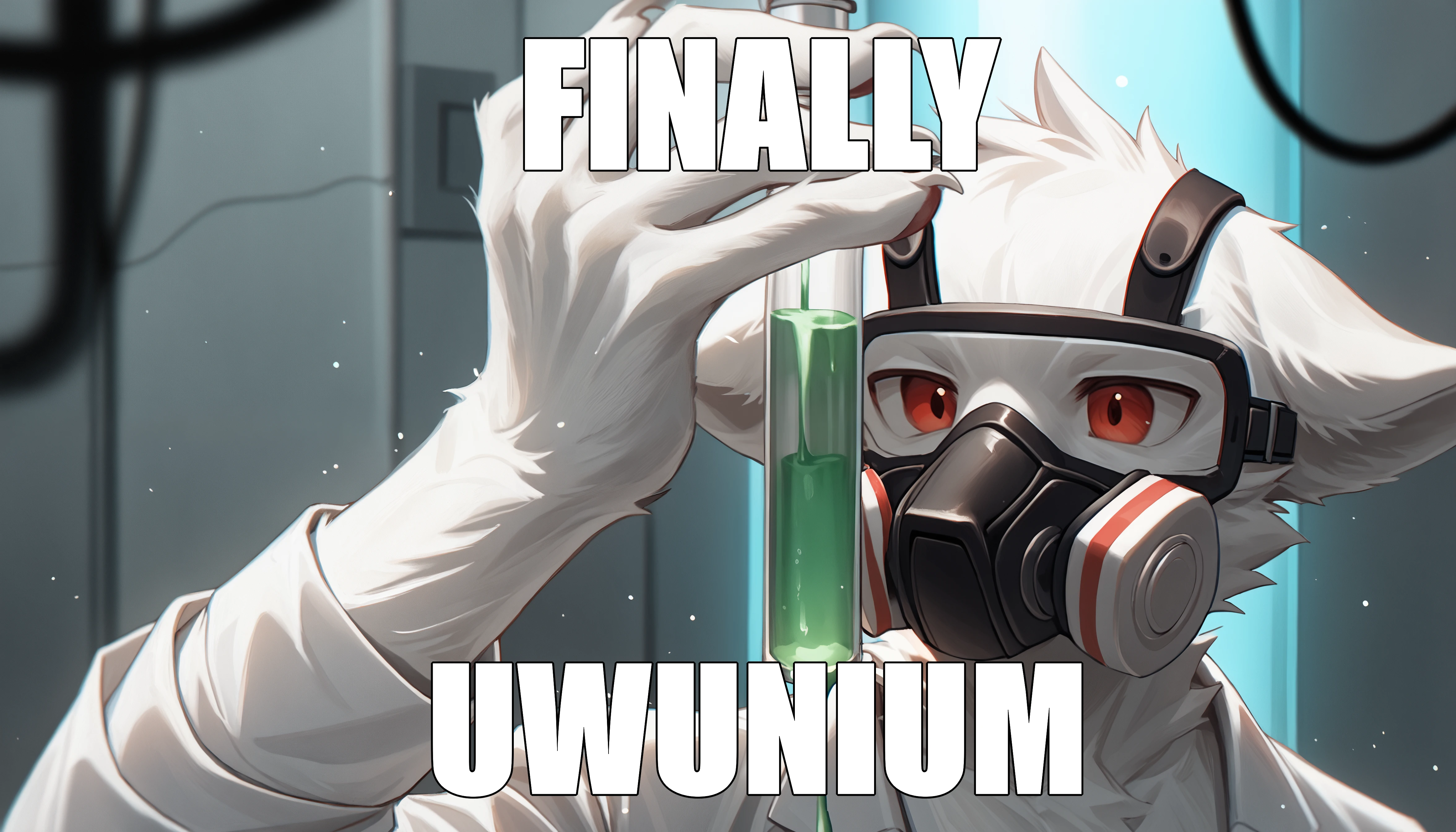 score_9_up, score_8_up, score_7_up, score_6_up, score_5_up, score_4_up BREAK rating_safe, detailed, epic, depth of field, perfect lighting, light particles, <lora:add-detail-xl:3.0>, <lora:Dr._K_Changed:0.90>, dr_k_changed, anthro, furry male, red eyes, changed (video game), male focus, lab coat, furry, white claws, clothing, coat, white body, jitome, fur, animal ears, white fur, male, long sleeves, doctor, body fur, wolf ears, wolf boy, splayed ears, convenient censoring, mask, goggles, headwear, gas mask, (laboratory test tubes, green liquid in tubes:1.05),   solo, shirt, 1boy, holding, white_shirt, upper_body, male_focus, blurry, realistic