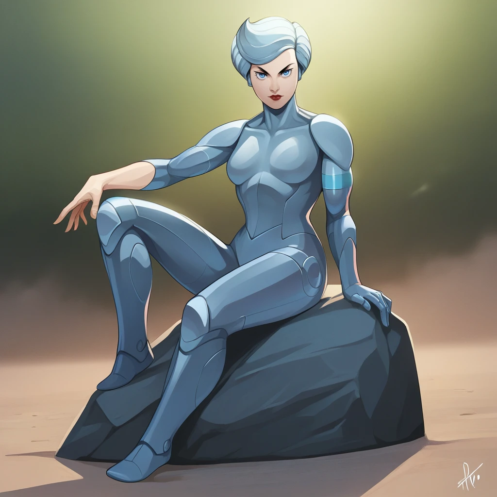 score_9_up, score_8_up, BREAK, SteelHeart, 1girl, solo, silver hair, short hair, blue eyes, lipstick, silver bodysuit, <lora:SteelHeart_SilverHawks_PXL_Leaf2_r1:1>, outdoors, sitting on rock, full body,