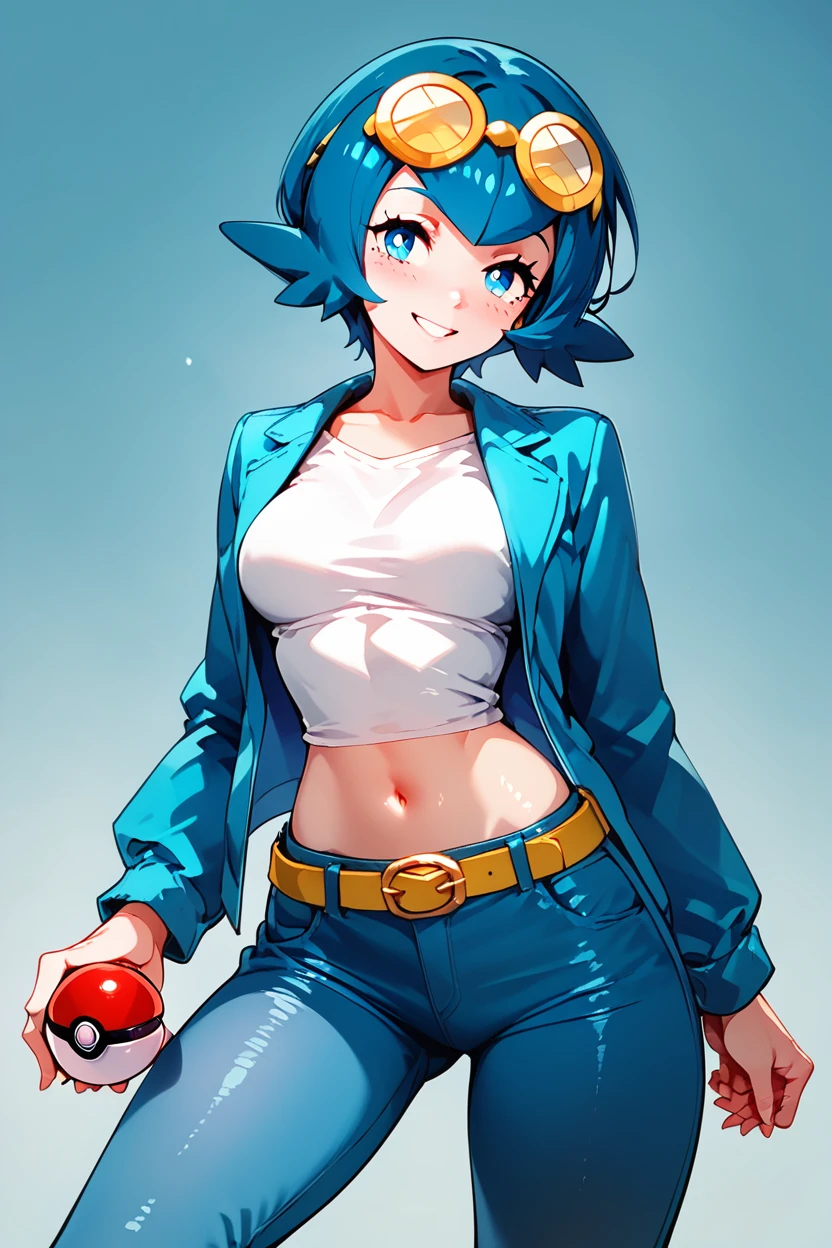 score_9, score_8_up, score_8, medium breasts, (curvy), cute, eyelashes,      ,,, zzCLana, blue eyes, blue hair, short hair,  white shirt, open clothes, midriff, denim pants, blue jacket, goggles,   dynamic poses, holding pokeball,  <lora:CollegeLanaPDXL:1.0>, ,,,  ,,, smile, looking at viewer,  abstract background, white outline,  ,,, embedding:zPDXL, Expressiveh, <lora:CatalystStylePDXL:0.6>,  <lora:SDXLFaeTastic2400:0.5>,  <lora:Expressive_H-000001:0.4>,