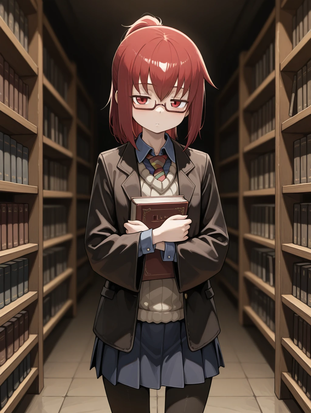 1girl, solo, Promestein, (***********), red hair, ponytail, red eyes, looking at viewer, expressionless, collared shirt, sweater, blue skirt, black pantyhose, school uniform, black jacket, wide sleeves, necktie, glasses, semi-rimless eyewear, under-rim eyewear, hugging book, holding book

library,

masterpiece, best quality,amazing quality, very aesthetic, absurdres, depth of field, blurry background, dark, extremely detailed face, detailed eyes, dark colors