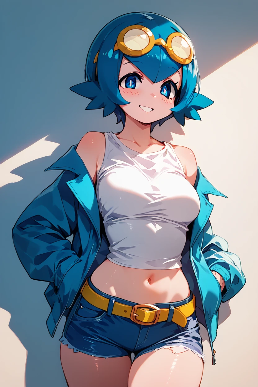 score_9, score_8_up, score_8, medium breasts, (curvy), cute, eyelashes,     ,,, , zzCLana, blue eyes, blue hair, short hair,  white shirt, open clothes, midriff, denim pants, blue jacket, goggles, <lora:CollegeLanaPDXL:1.0>, ,,,, BREAK, smile, looking at viewer, cowboy shot, ,,, embedding:zPDXL, Expressiveh, ,,, <lora:Zankuro_Style_PDXL:0.8> <lora:SDXLFaeTastic2400:0.5>, <lora:Expressive_H-000001:0.4>,