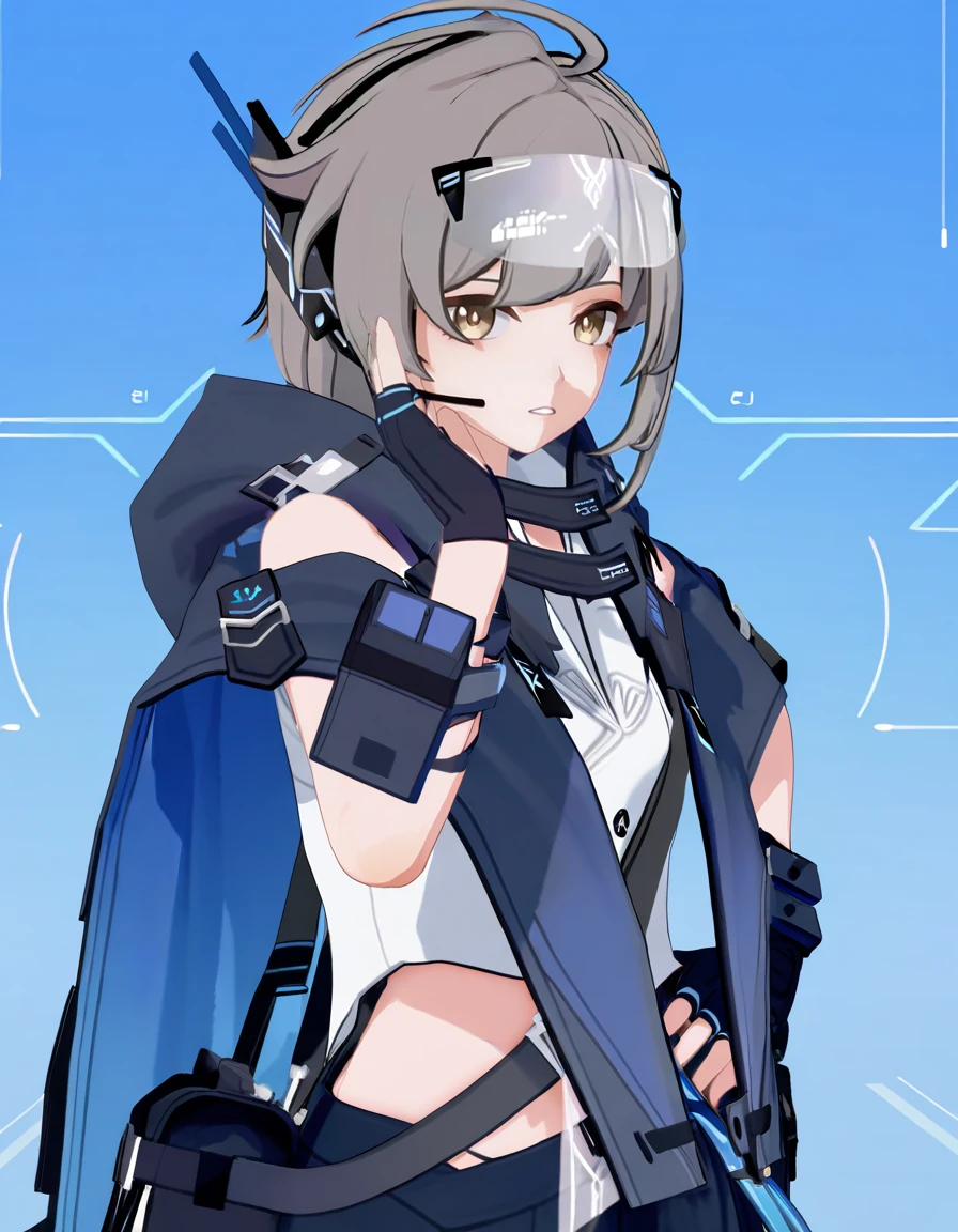 xinxia01, 3d, solo, 1girl, gloves, fingerless gloves, looking at viewer, black gloves, grey hair, blue background, brown eyes, shirt, short hair, cape, hand on own hip,
<lora:xinxia_noob2>,masterpiece,best quality,very aesthetic,absurdres,