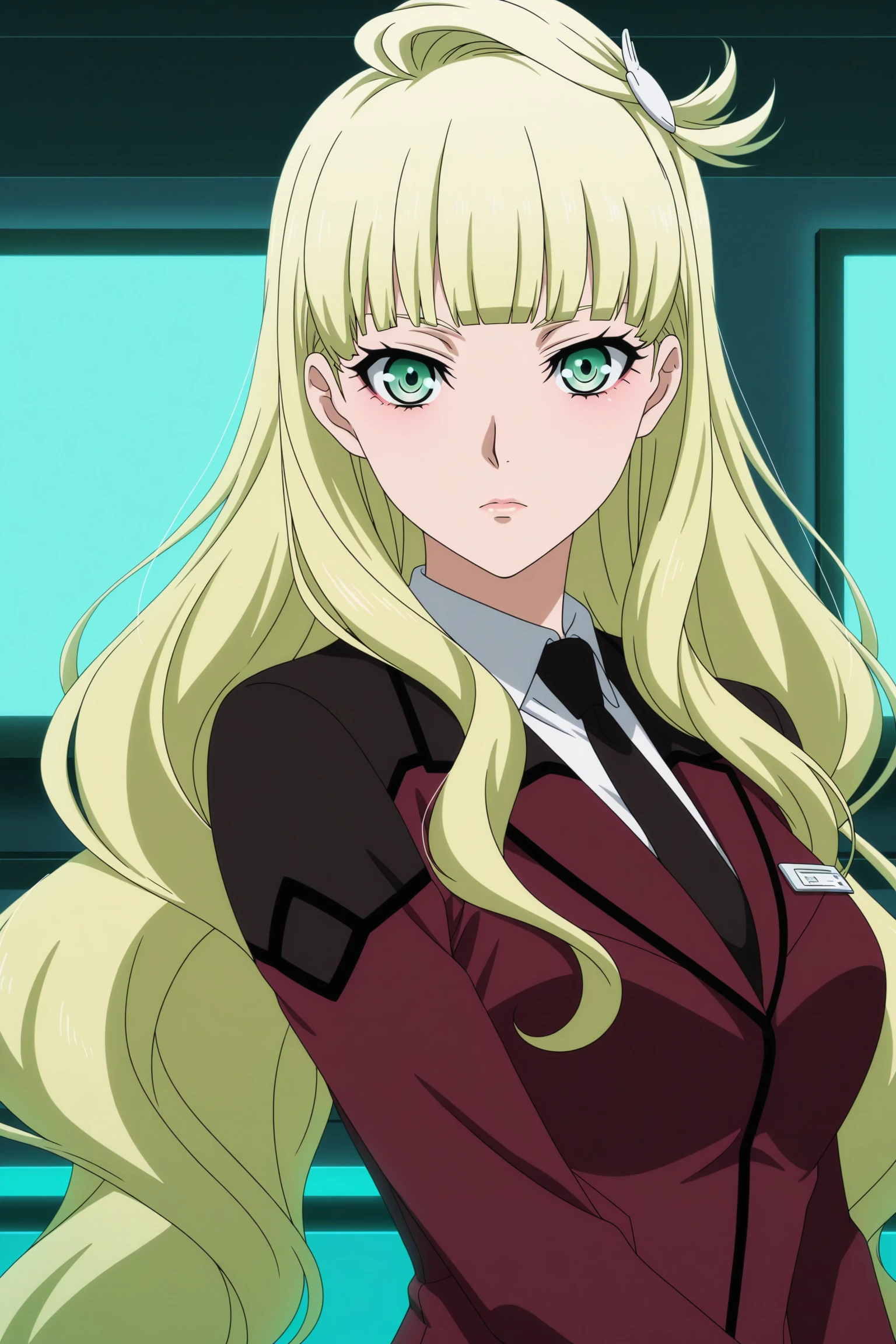 masterpiece, best quality, amazing quality, highres, absurdres, very aesthetic, high resolution, ultra detailed, perfect details, 1girl, looking at viewer, indoors, monitor, cyberpunk, medium breasts, emilia edelman, blonde hair, very long hair, wavy hair, low twintails, sidelocks, blunt bangs, topknot, hair ornaments, blue eyes, suit, military uniform, white shirt, collared shirt, purple jacket, name tag, black necktie, purple skirt, pencil skirt, white thighhighs, black footwear, knee boots, <lora:Emilia_Edelman_ILXL:0.8>, (aged up:1.3), (upper body:1.6), (anime coloring:1.5), (anime screencap:1.5), expressionless, (pose:1.3), from side