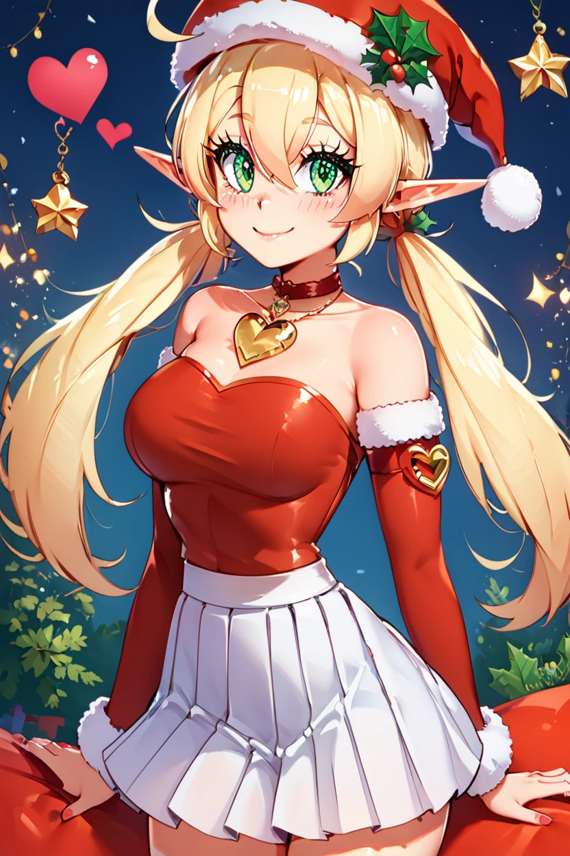 score_9, score_8_up, score_8, medium breasts, (curvy), cute, eyelashes,       ,,, , zzChristmasKlee, green eyes, blonde hair, ahoge, twintails, low twintails, pointy ears, hair between eyes, bare shoulders, santa hat, detached sleeves, christmas, white skirt, pleated skirt, heart,  <lora:KleeAdultChristmasPDXL:0.8>,,,, BREAK, smile, closed mouth, looking at viewer, cowboy shot, ,,, embedding:zPDXL, Expressiveh, ,,, <lora:Puppypaww_Style_PDXL_v2:0.8>, <lora:SDXLFaeTastic2400:0.5>, <lora:Expressive_H-000001:0.4>,