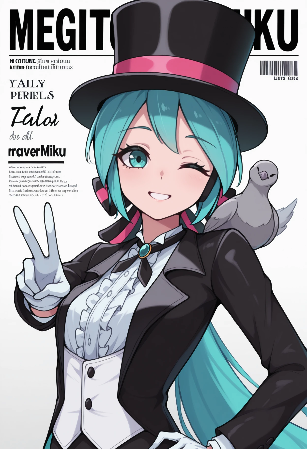 masterpiece, best quality, <break> magazine cover, english text, character name, barcode, upper body, solo, 1girl, magicianmiku, smile, looking at viewer, outstretched arm, v, hand on own hip, aqua hair, low ponytail, hair ribbon, black headwear, top hat, headphones, aqua eyes, one eye closed, black coat, tailcoat, coattails, open coat, long sleeves, white vest, buttons, white shirt, center frills, neck ribbon, black ribbon, brooch, white gloves, animal on shoulder, pigeon
<segment:yolo-Anzhc Face seg 640 v2 y8n.pt,0.4,0.5//cid=1>