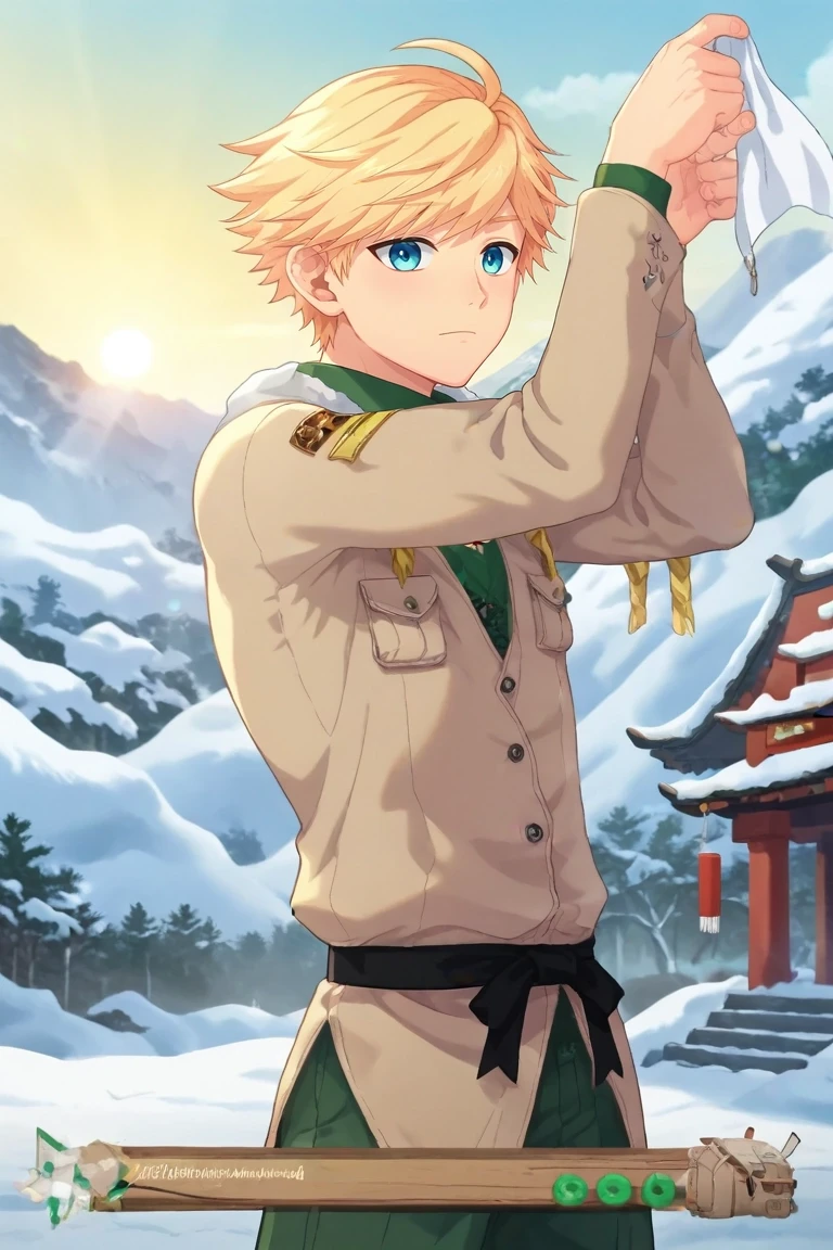 score_9, score_8_up, score_7_up, , rating_safe, intricate details, anime screencap, anime coloring, official style, , , 1boy, solo, male focus, <lora:hunter_springfield_pony:0.96>, hunter_springfield, blonde hair, blue eyes, , mountain shrine, snow peaks, prayer flags, stone steps, offering pose, reverent expression, sunrise, , <lora:sdxl_lightning_8step_lora:1>