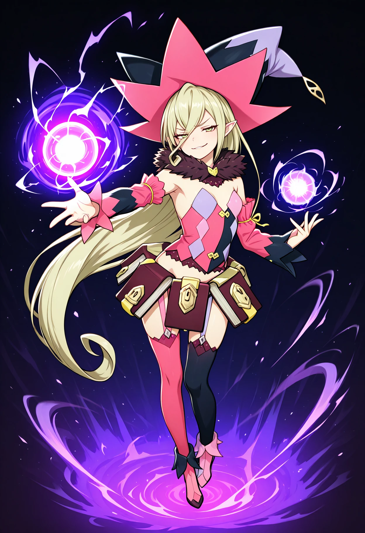 masterpiece, best quality, 1girl, solo, M4gil0u, green eyes, pointy ears, blonde hair, very long hair, hair between eyes, witch hat, fur collar, multicolored vest, strapless, detached sleeves, mismatched sleeves, book skirt, asymmetrical legwear, thighhighs, garter straps, mismatched footwear, smug, casting spell, magic, aura, looking at viewer, reaching towards viewer, foreshortening, energy ball, purple energy, purple aura, dark theme, <lora:ChamMagilouIllustriousXL:1>