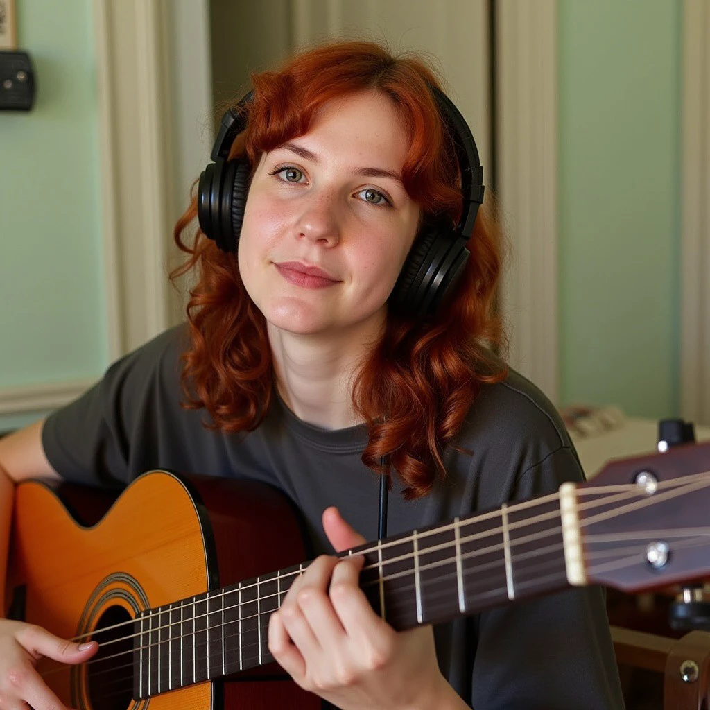 The image is a photograph of a young woman with a fair complexion and long, curly auburn hair. She is sitting in a cozy, softly lit room with pale green walls and a white door in the background. The woman is wearing a loose, dark grey t-shirt and has a pair of black over-ear headphones on, with a microphone attached to her right side. She is holding a classical guitar, which has a warm, polished brown finish and visible frets.   Her left hand is positioned on the guitar neck, and her right hand is poised to strum the strings. Her expression is focused and serene, with a subtle, neutral smile.