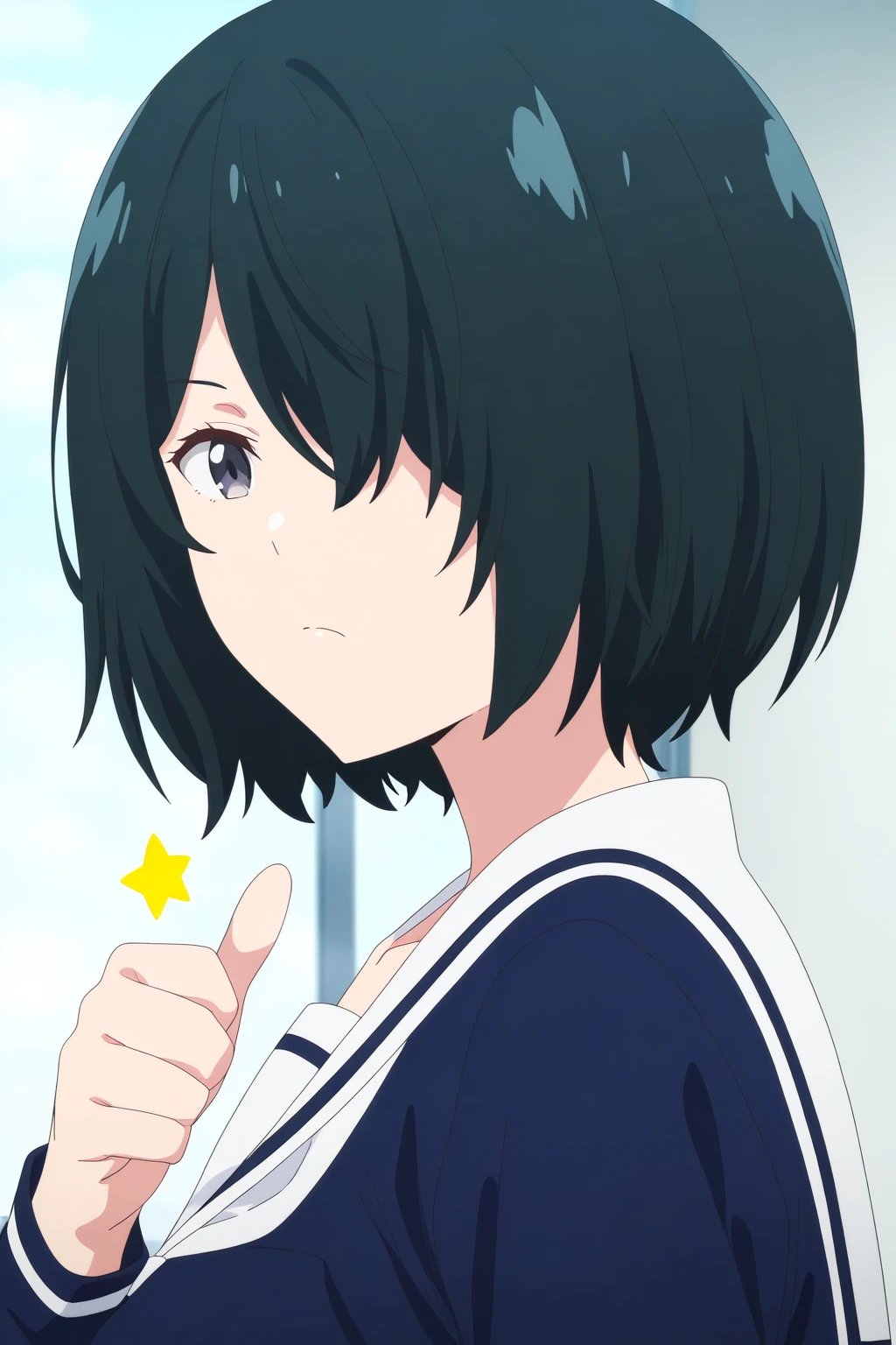 1girl,
solo, black hair, from side, hair over one eye, school uniform, short hair, thumbs up, anime screencap,