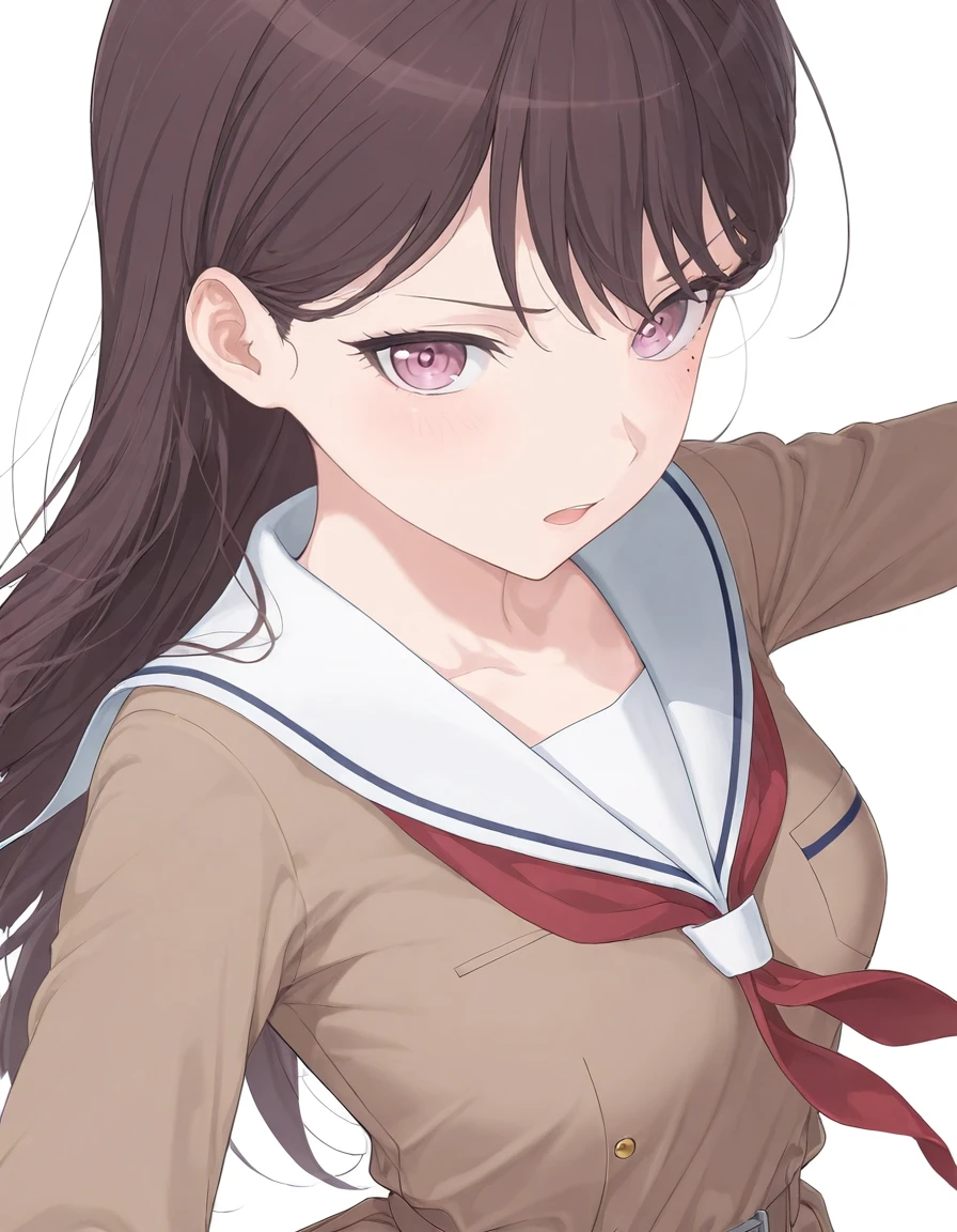 1girl, soft darkness, masterpiece, best quality, amazing quality, very aesthetic, absurdres, newest, shiina taki, (duoyuanjun:0.3137), (dorontabi:0.4246), (hamedoragon:0.6512), (yuran:0.9322), <lora:NTR_MIX_4.0_LORA-000007:0.5>, general, , purple eyes, purple hair, long hair, mole_under_eye, narrow waist, small breasts, dynamic pose, dynamic angle, long_sleeves, dress, ribbon, school_uniform, sailor_dress, brown_dress, pleated_dress, hanasakigawa_school_uniform, white background, shiina_taki_noob1.0_sdxl_embeddings, <lora:shiina_taki_noob1.0_sdxl_lora:1>, , <lora:nyalia:0.3>, , skindentation, masterpiece, best quality, amazing quality, very aesthetic, absurdres, newest,