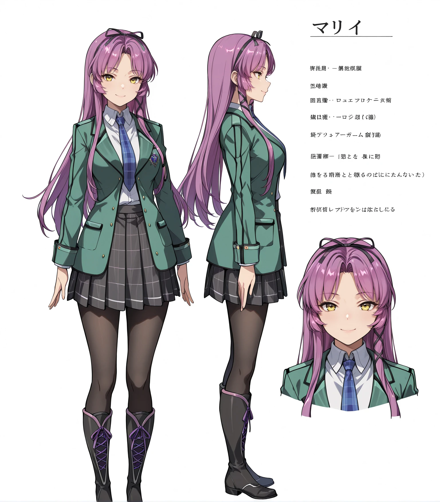 masterpiece, best quality,
1girl, solo,
<lora:RenneUniform_Illustrious:1>, Renne Bright, yellow eyes, purple hair, long hair, parted bangs, medium breasts, hair ribbon, green jacket, blue necktie, black pleated skirt, black pantyhose, black knee boots, laced footwear,
looking at viewer, smile, simple background, white background, front view,
multiple views, concept art, character profile, character sheet, full body, side view, front view, rear view, upper body, portrait, closeup,