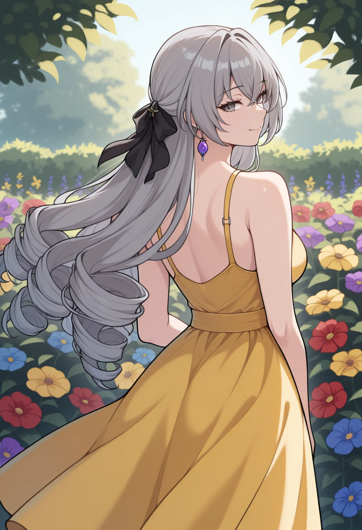 masterpiece, best quality, 1girl, solo, BronyaRand, grey eyes, grey hair, long hair, drill hair, hair bow, black bow, earrings, from behind, outdoors, looking back, smile, yellow sundress, garden, flower, red flower, blue flower, yellow flower, purple flower, <lora:ChamBronyaRandIllustriousXL:1>