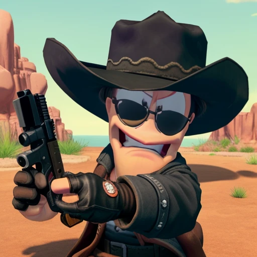 wormsteam17, mayhemworm, cowboy worm, animal focus, eyebrowless, solo, looking at viewer, angry, frown, clenched teeth, worm hand, holding, gun, holding gun, cowboy hat, black headwear, black gloves, outdoors, wild west, day <lora:Worms_Team17_Mayhem_SD1.5:1.1>