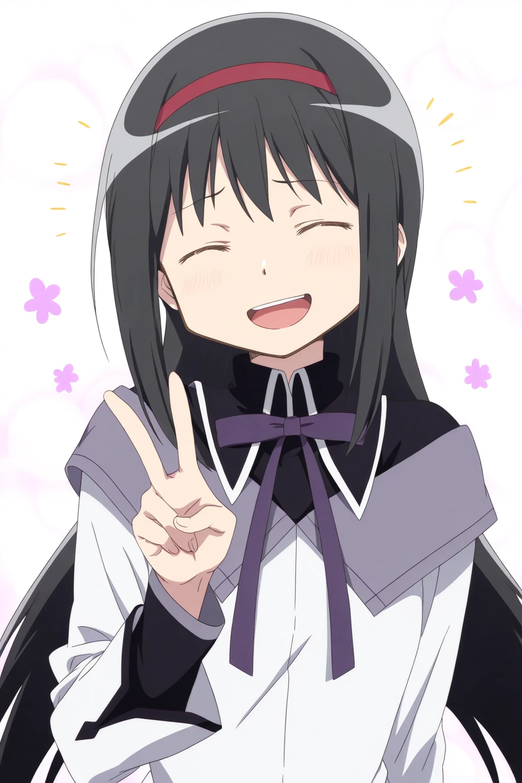 1girl, mahou shoujo madoka magica, akemi homura, v, laughing, masterpiece,