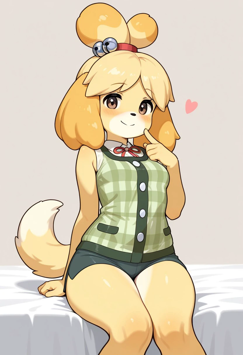 masterpiece, best quality, 32k, high resolution, absurdres, acisabelle, 1girl, tail, solo, blush, looking at viewer, smile, hair bell, thighs, hair tie