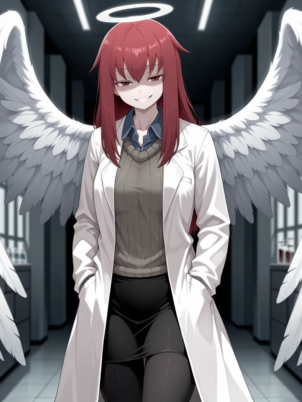 1girl, solo, Promestein, red hair, long hair,  red eyes, wings, angel wings, ghostly wings, angel, halo, labcoat, looking at viewer, grin, evil smile, hands on pockets, collared shirt, sweater, black skirt, black pantyhose,

laboratory,

masterpiece, best quality,amazing quality, very aesthetic, absurdres, depth of field, blurry background, dark, extremely detailed face, detailed eyes, dark colors