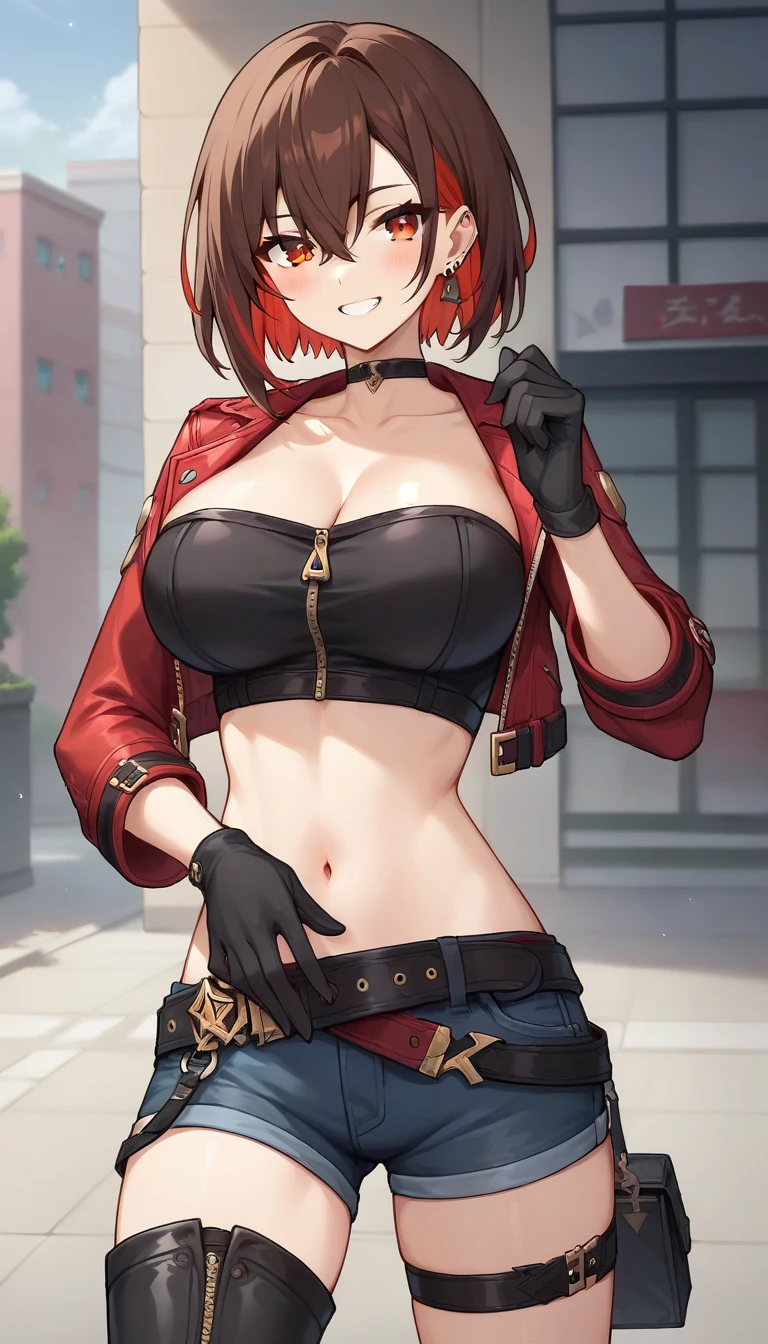 score_9,score_8_up,score_7_up,score_6_up BREAK official art,solo,outdoors,upper body,(portrait:1.5),looking at viewer,facing viewer,smile,blush,Ming,short hair,brown hair,streaked hair,colored inner hair,red hair,jewelry,earrings,hair between eyes,bangs,orange eyes,black choker,collarbone,cleavage,red jacket,cropped jacket,open jacket,midriff,tube top,zipper,long sleeves,black gloves,large breasts,stomach,navel,belt,denim shorts,short shorts,thigh strap,single thighhigh,black thighhighs,high heel boots,black footwear,<lora:Ming(Strinova)-Pony:1.2>,