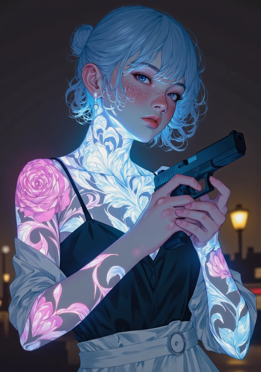 detailed digital illustration of a preppy young woman aiming matte black G17Model glock pistol, wearing wrap dress, pearl earrings, she has luminescent pink bio ink designs on her exposed skin, detailed background at night, (Colored JJK Manga Style:0.5), (Mangaka style:0.5), bio ink<lora:Jujutsu_Kasien_Colored_Manga-000001.safetensors:0.5:0.5> <lora:Glock (G17)_epoch_12.safetensors:1:1> <lora:Mangaka V2.safetensors:0.5:0.5> <lora:BioInk2FLUX.safetensors:1:1>