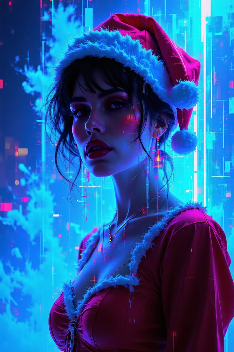 a masterpiece image of a stunningly beautiful woman wearing festive Christmas attire, including an expensive Santa cap and standing amidst a Minecraft-inspired winter wonderland. The scene is set against a lit blue glow background with a majestic smoke atmosphere, adding an air of mystery to the overall aesthetic.,cbr-styl,blue light,gome style