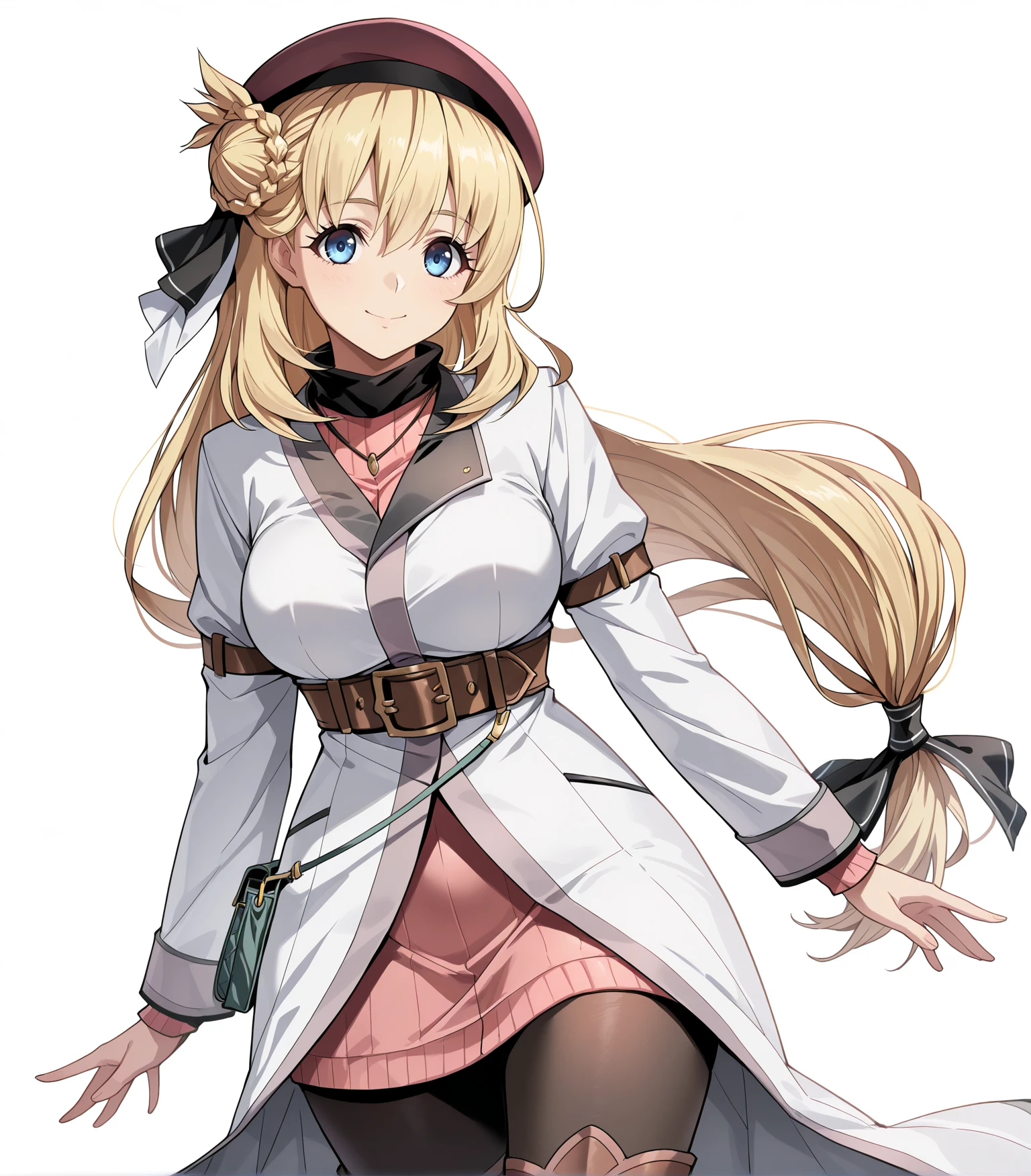 masterpiece, best quality,
1girl, solo,
<lora:AgnesClaudel_Illustrious:1>, Agnes Claudel, blonde hair, long hair, blue eyes, large breasts, hair ribbon, beret, white coat, turtleneck dress, necklace, belt, pink skirt, pantyhose, brown boots, thigh boots,, 
looking at viewer, smile, simple background, white background,