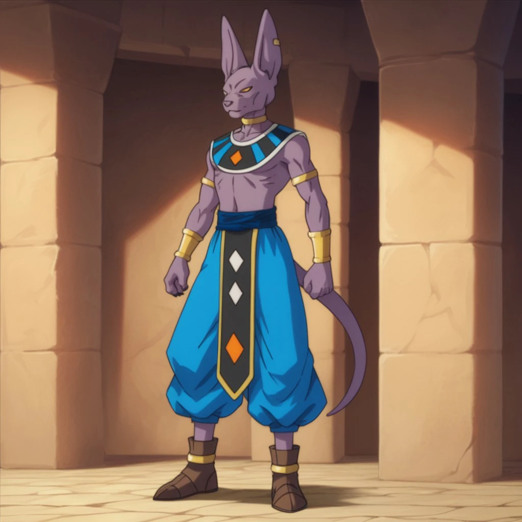 score_9, score_8_up, score_7_up, score_6_up, score_5_up, score_4_up, source_furry, dbbeerus, anthro, male, feline, purple skin, yellow eyes, egyptian clothes, blue pants, brown footwear, jewelry, neck ring, armlet, bracer, bracelet, earring, standing, outside, full body