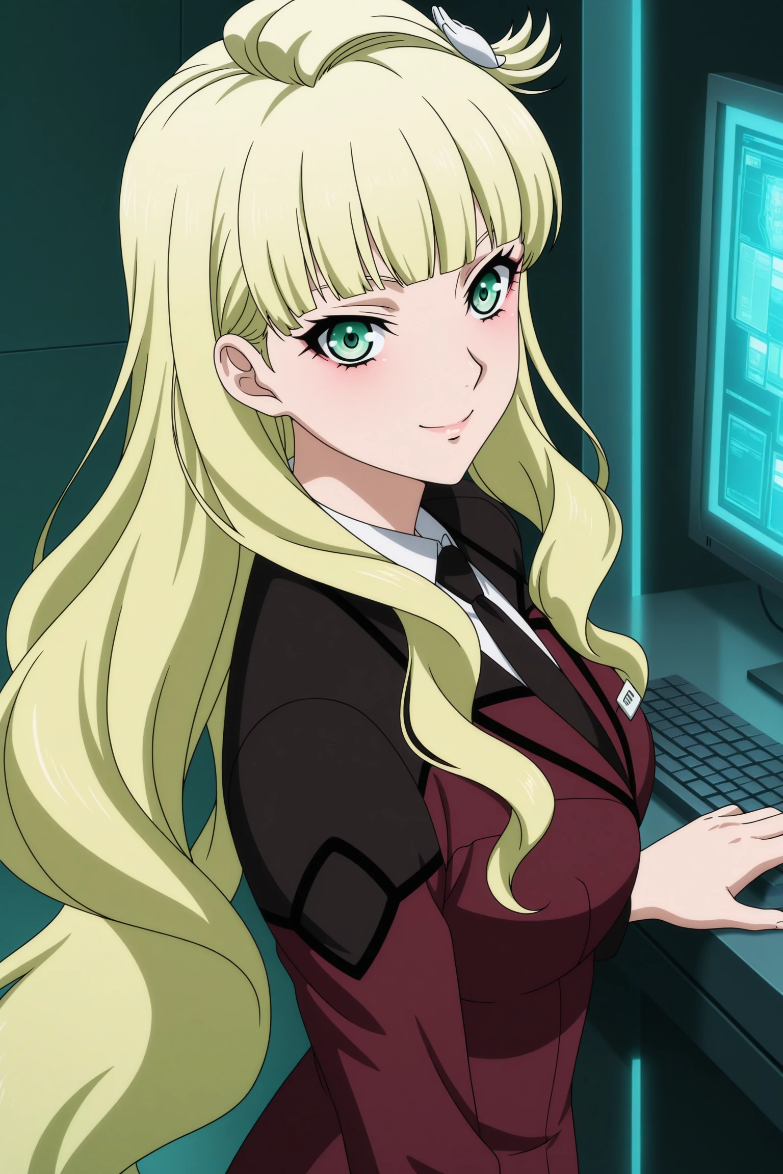 masterpiece, best quality, amazing quality, highres, absurdres, very aesthetic, high resolution, ultra detailed, perfect details, 1girl, looking at viewer, indoors, monitor, cyberpunk, medium breasts, emilia edelman, blonde hair, very long hair, wavy hair, low twintails, sidelocks, blunt bangs, topknot, hair ornaments, blue eyes, suit, military uniform, white shirt, collared shirt, purple jacket, name tag, black necktie, purple skirt, pencil skirt, white thighhighs, black footwear, knee boots, <lora:Emilia_Edelman_ILXL:0.8>, (aged up:1.3), (upper body:1.6), (anime coloring:1.5), (anime screencap:1.5), smile, (pose:1.5), computer keyboard, from side, from above