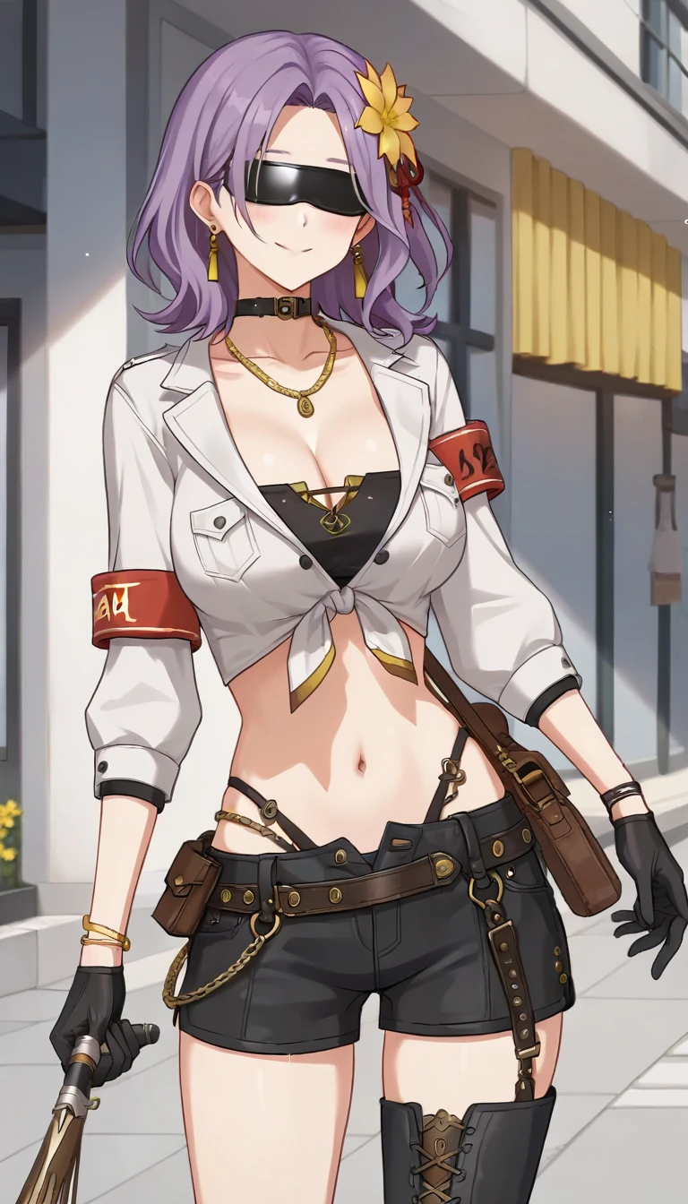 score_9,score_8_up,score_7_up,score_6_up BREAK official art,solo,outdoors,cowboy shot,looking at viewer,facing viewer,smile,blush,Fragrans,medium hair,purple hair,earrings,hair ornament,hair flower,yellow flower,sidelocks,parted bangs,black blindfold,covered eyes,black choker,collarbone,necklace,cleavage,white jacket,cropped jacket,front-tie top,midriff,black bandeau,breast pocket,long sleeves,armband,bracelet,black gloves,large breasts,stomach,navel,belt,gold chain,black shorts,short shorts,unbuttoned shorts,highleg panties,black panties,thighs,thigh strap,cross-laced footwear,knee boots,black footwear,<lora:Fragrans(Strinova)-Pony:1.4>,