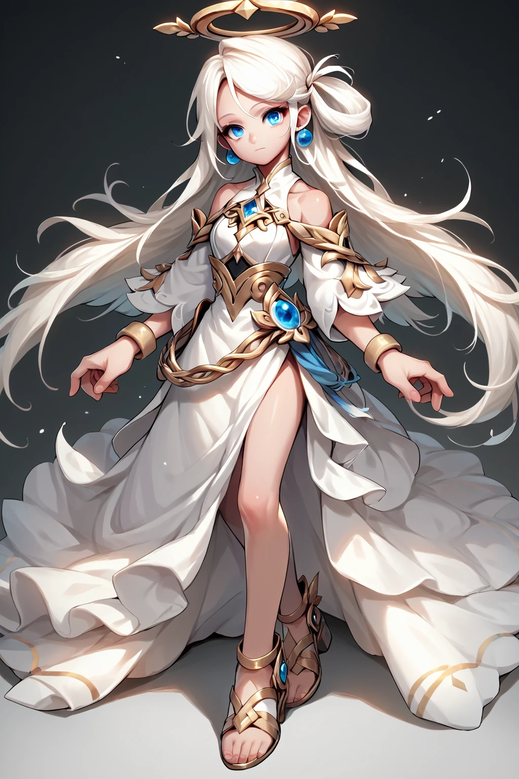 score_9, score_8_up, score_7_up, score_6_up, score_5_up, score_4_up, solo, GCRin, white hair, blue eyes,  angel wings, ear rings, long hair, 1girl, human, <lora:Rin - Grand Chase:1>, long dress