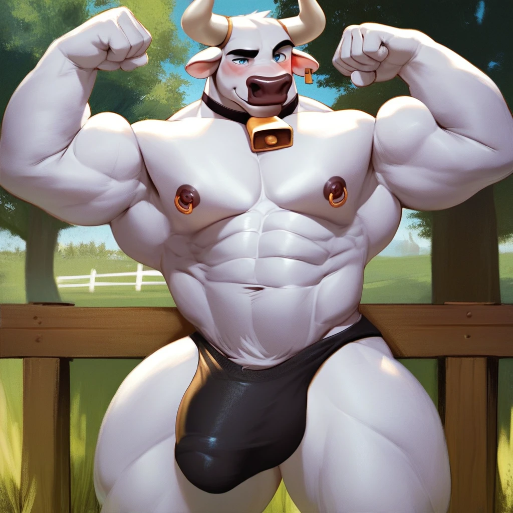 score_9, score_8_up, score_7_up, 2k, 4k, high res, 2d (artwork) cartoon style, Doggonut, no humans, 1boy, solo, furry, bovine, anthro, cow anthro, black and white body, bara, older, mature, male, thick thighs, blue eyes, wide hips, voluptuous, blushing, smiling, sexy, standing, speedo, cowbell choker, large bulge, muscular male, abs, large pectorals, big nipples, nipple piercings, farm background, outside, flexing, score_9, score_8_up, score_7_up, score_6_up, score_5_up, score_4_up, top pov