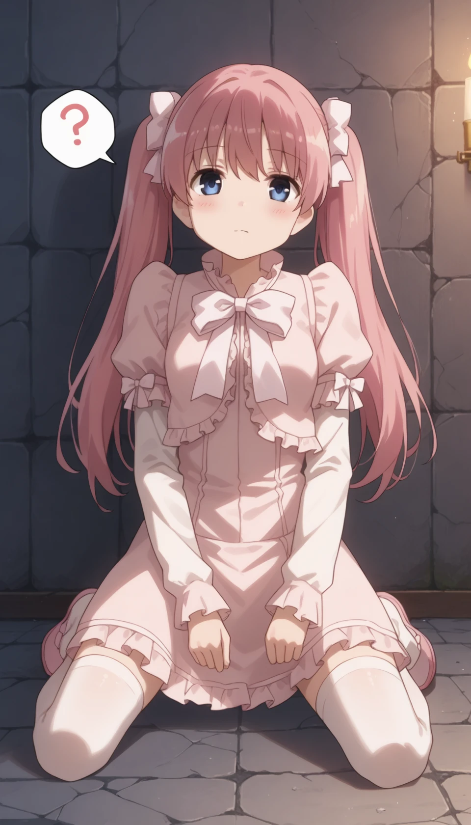 score_9, score_8_up, score_7_up, source_anime, uncensored, rating safe,  kneeling, on ground, hands_on_thighs, head tilt,  hrmrndkc, pink hair, long hair, blue eyes, big eyes, twintails, hair ribbon,  ndkcdef, bowtie, ribbon, frilled collar, frills, frilled dress, layered dress, puffy sleeves, ribbon-trimmed sleeves, layered sleeves, skirt set, frilled skirt, long skirt, thighhighs, white thighhighs, footwear bow, pink footwear,  dungeon, cracked wall, cracked floor, night, dark, spoken_question_mark, question_mark,