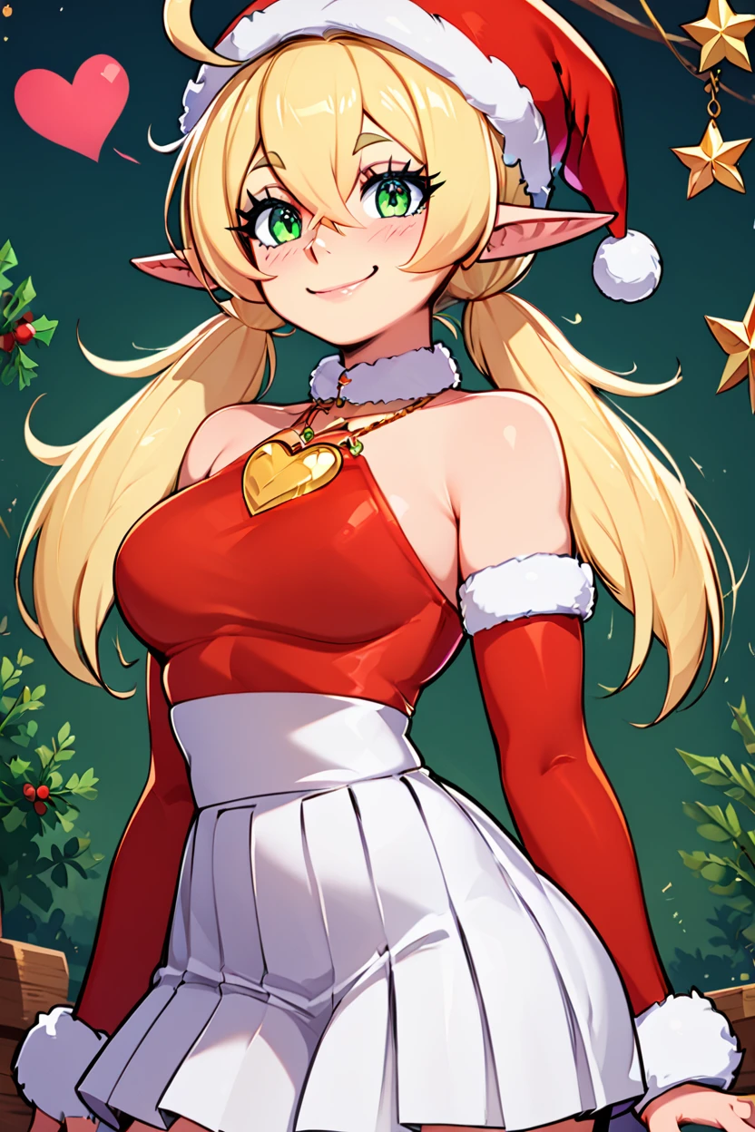 score_9, score_8_up, score_8, medium breasts, (curvy), cute, eyelashes,       ,,, , zzChristmasKlee, green eyes, blonde hair, ahoge, twintails, low twintails, pointy ears, hair between eyes, bare shoulders, santa hat, detached sleeves, christmas, white skirt, pleated skirt, heart,  <lora:KleeAdultChristmasPDXL:0.8>,,,, BREAK, <lora:Afrobull_PDXL_v5:0.8>,  ,,, BREAK, smile, looking at viewer, closed mouth, cowboy shot,  ,,, embedding:zPDXL, Expressiveh, ,,, <lora:SDXLFaeTastic2400:0.5>, <lora:Expressive_H-000001:0.4>,