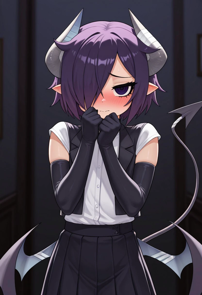 1girl, solo, Remi, dark purple hair, short hair, hair over one eye, imp girl, demon girl, purple eyes, low wings, bat wings, demon tail, pointy ears, horns, black gloves, elbow gloves, black jacket, skirt, flat chest, shy, blush, white shirt
dynamic pose,
masterpiece, best quality,amazing quality, very aesthetic, absurdres, depth of field, blurry background, dark, extremely detailed face, detailed eyes, dark colors