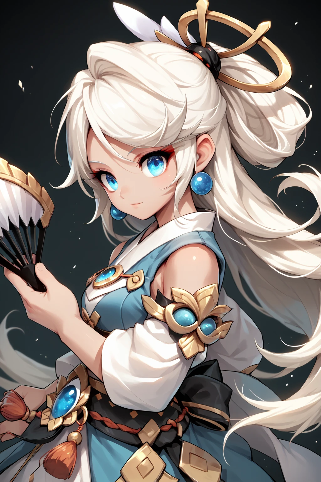 score_9, score_8_up, score_7_up, score_6_up, score_5_up, score_4_up, solo, GCRin, white hair, blue eyes,  angel wings, ear rings, long hair, 1girl, human, <lora:Rin - Grand Chase:1>, holding fan