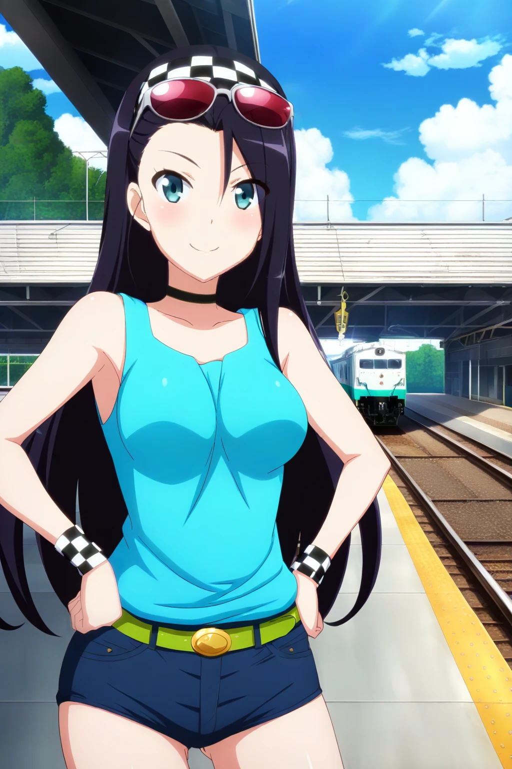 anime screenshot, rail wars!, kashima noa, 1girl, solo, black hair, long hair, forehead, asymmetrical bangs, checkered hairband, sunglasses, grey-framed eyewear, red-tinted eyewear, eyewear on head, aqua eyes, medium breasts, aqua tank top, blue shorts, short shorts, green belt, wristband, black choker, looking at viewer, smile, closed mouth, standing, hands on own hips, cowboy shot, outdoors, train station, day, blue sky, masterpiece, best quality, high quality, highres, absurdres, sensitive <lora:kashima_noa_ILXL:0.9>