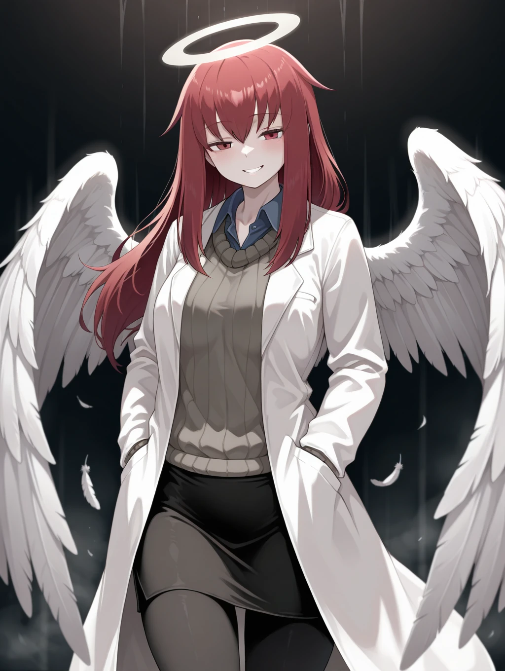 1girl, solo, Promestein, red hair, long hair,  red eyes, wings, angel wings, feathered wings, angel, halo, labcoat, looking at viewer, grin, hands on pockets, collared shirt, sweater, black skirt, black pantyhose,

masterpiece, best quality,amazing quality, very aesthetic, absurdres, depth of field, blurry background, dark, extremely detailed face, detailed eyes, dark colors