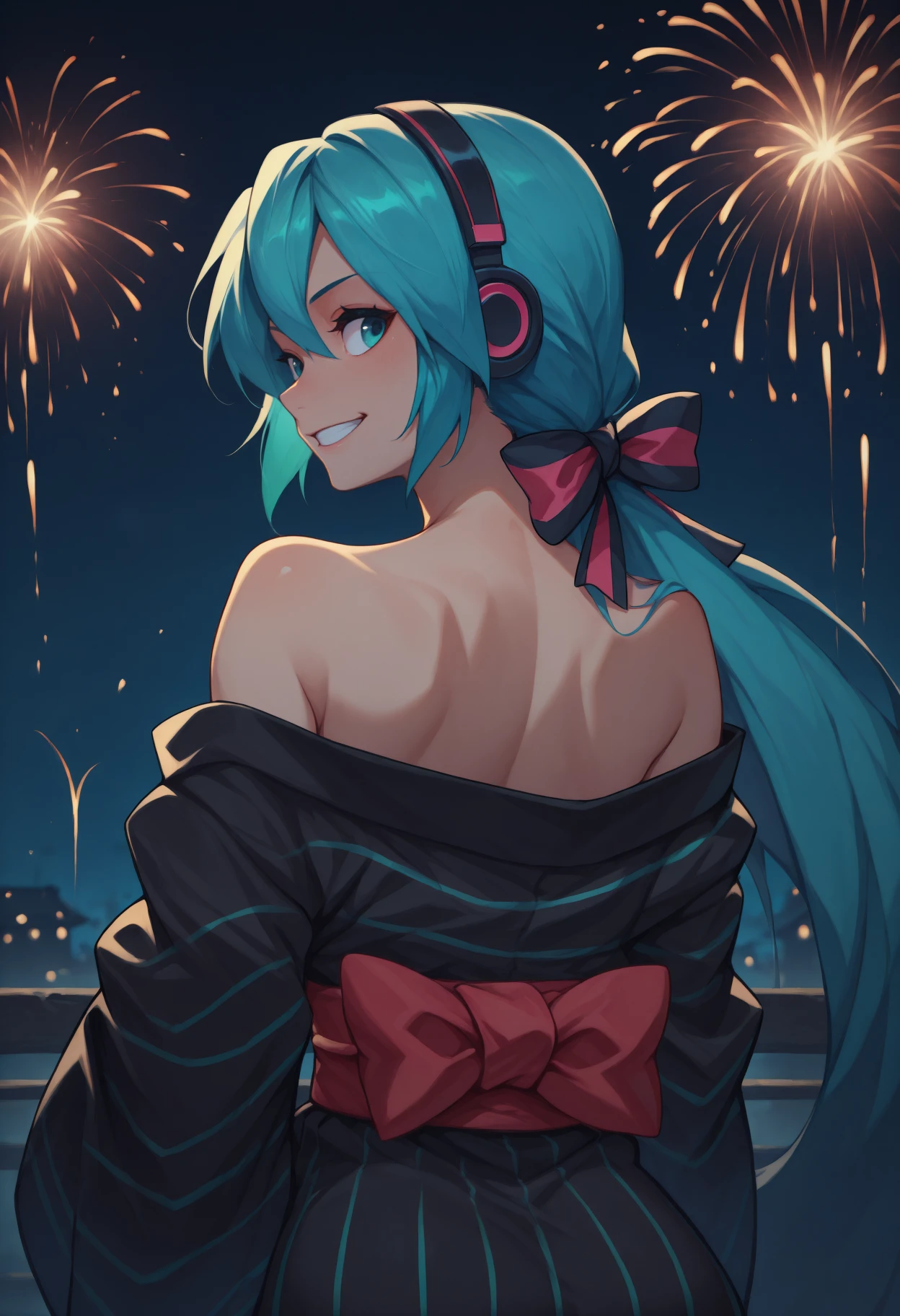 anime, masterpiece, best quality, <break> from behind, solo, 1girl, magicianmiku, grin, looking back, aqua hair, low ponytail, hair ribbon, headphones, aqua eyes, japanese clothes, black kimono, striped kimono, red sash, bare shoulders, outdoors, night, fireworks
<segment:yolo-Anzhc Face seg 640 v2 y8n.pt,0.4,0.5//cid=1>