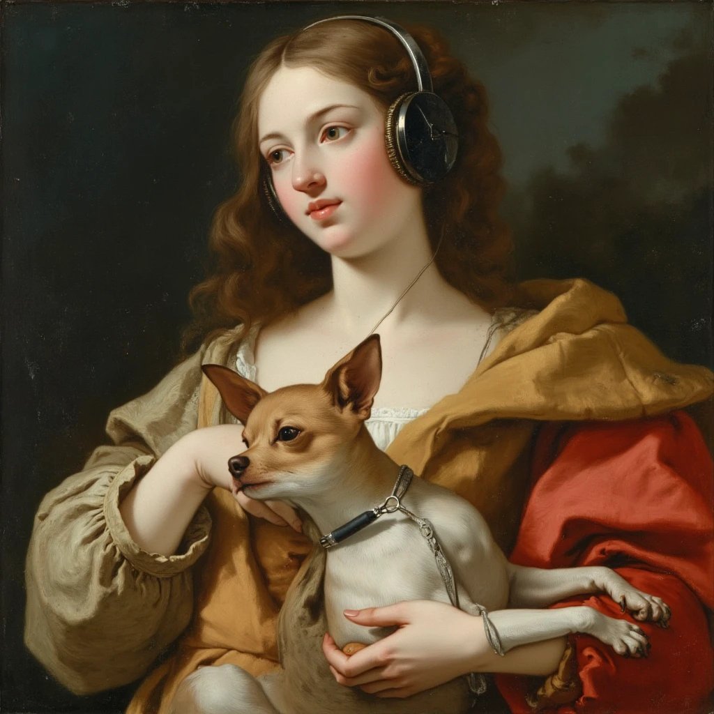 a GBTiepolo portrait of a madonna with earphones and her chihuahua dog.