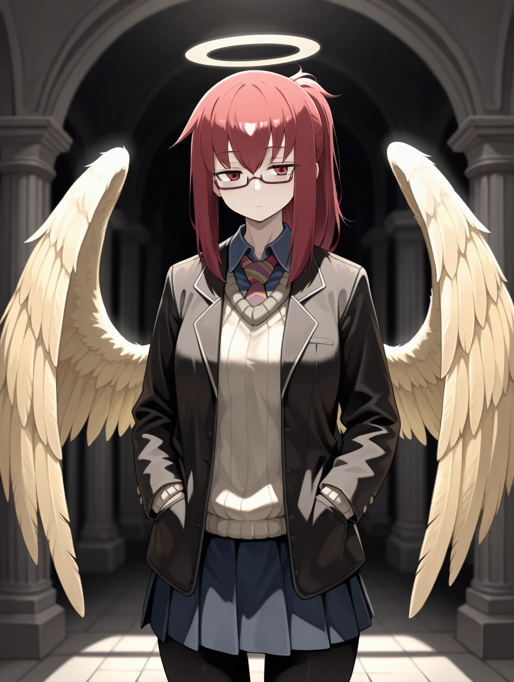 1girl, solo, Promestein, red hair, ponytail, red eyes, yellow wings, angel wings, feathered wings, angel, halo, looking at viewer, expressionless, hands on pockets, collared shirt, sweater, blue skirt, black pantyhose, school uniform, black jacket, necktie, glasses, semi-rimless eyewear, under-rim eyewear,

masterpiece, best quality,amazing quality, very aesthetic, absurdres, depth of field, blurry background, dark, extremely detailed face, detailed eyes, dark colors