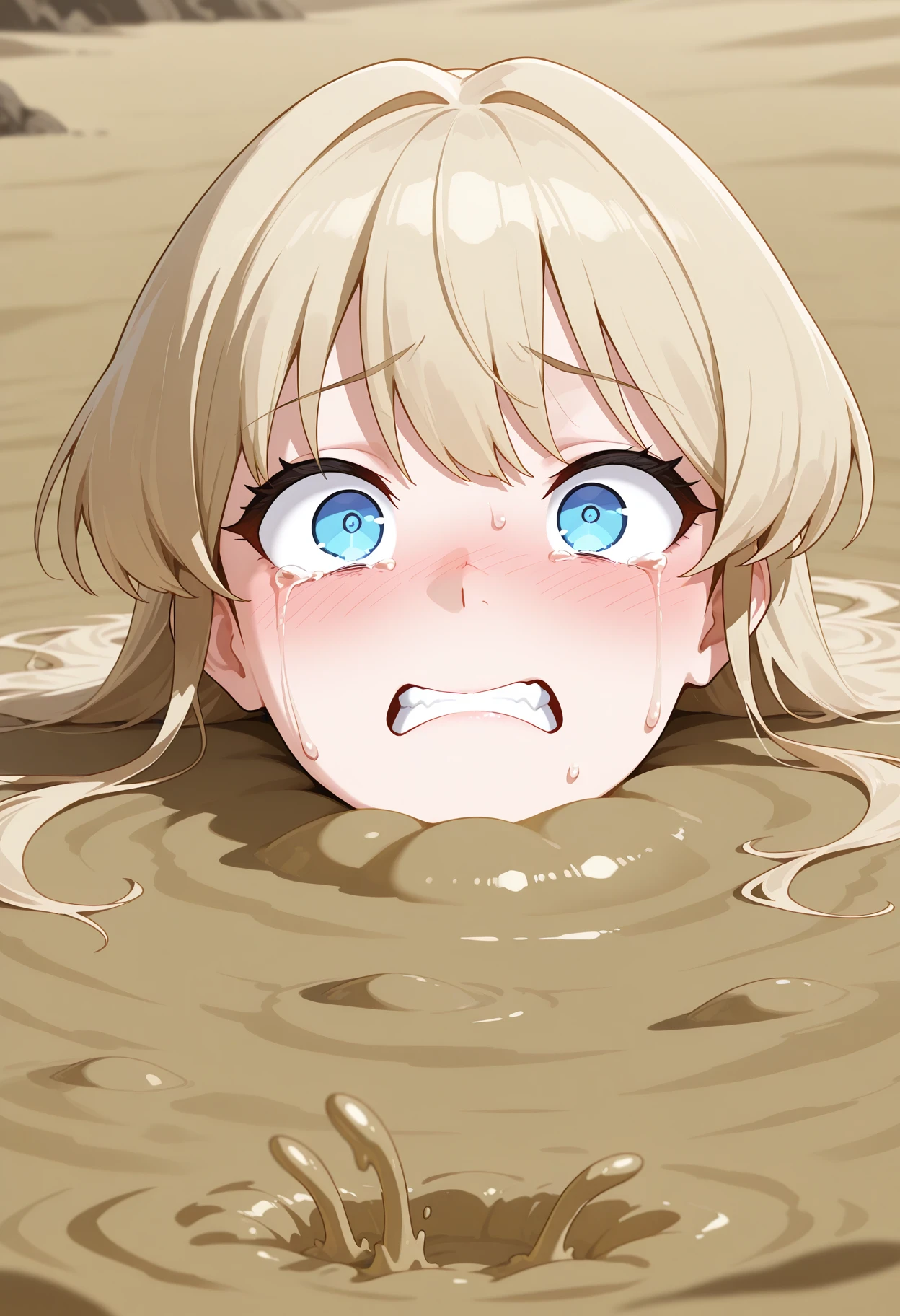 masterpiece,best quality,amazing quality,absurdres,masterpiece,best quality,amazing quality,absurdres,1girl,close-up,scared,crying,quicksand,sand BREAK (toki \(blue archive\):0.8),blue eyes <lora:Illustrious_Mud_and_Quicksand:1>