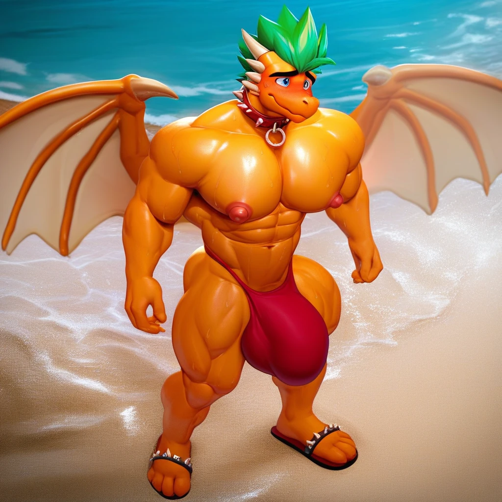 score_9, score_8_up, score_7_up, score_4, score_5, score_6, 2k, 4k, high res, 2d (artwork), cartoon style, no humans, 1boy, solo, Doggonut, furry, anthro dragon, small dragon wings, dragon tail, orange body, green hair, spiked hair, bara, blue eyes, embarrassed smile, sweat, intense blush, arms at sides, sexy, large pectorals, huge nipples, abs, large bulge, thick thighs, dog collar, beach, outside, day, standing, legs, beach sandals, muscular male, male focus, red thong