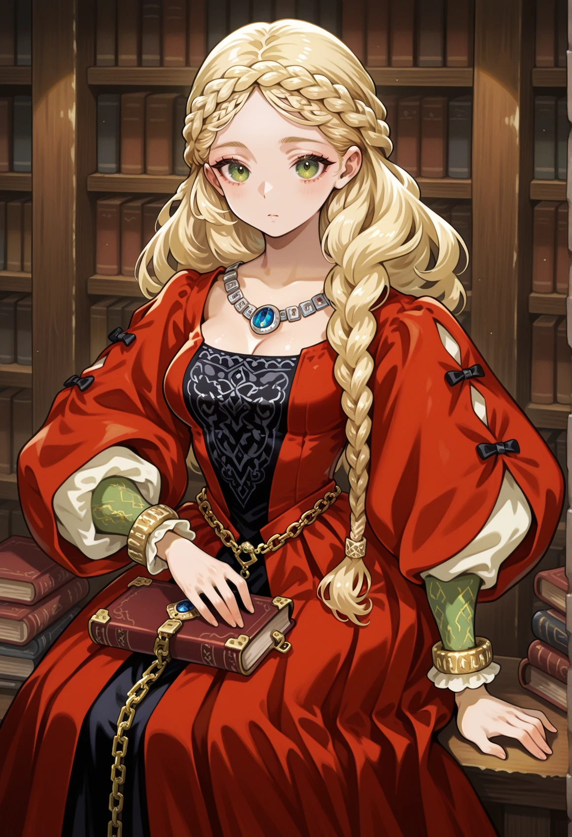 kamitani george, 1girl, blonde hair, long hair, braid, crown braid, hair ornament, jewelry, necklace, red dress, long dress, long sleeves, gold chain, indoors, sitting, chain, library, bookshelf, holding book, looking at viewer, medium breasts  <lora:Vivian_DQ:0.8> green eyes, masterpiece, best quality, amazing quality, very aesthetic, absurdres, highres, newest