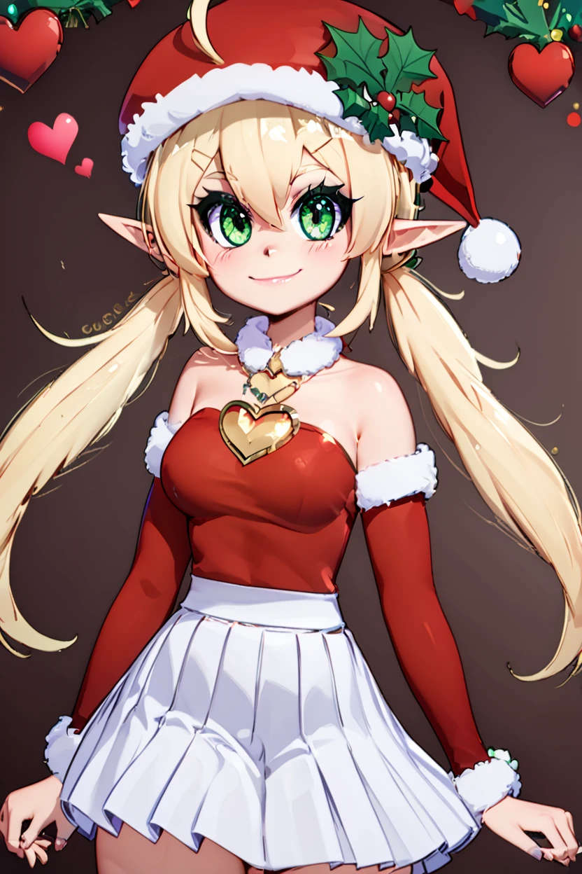 score_9, score_8_up, score_8, medium breasts, (curvy), cute, eyelashes,       ,,, , zzChristmasKlee, green eyes, blonde hair, ahoge, twintails, low twintails, pointy ears, hair between eyes, bare shoulders, santa hat, detached sleeves, christmas, white skirt, pleated skirt, heart,  <lora:KleeAdultChristmasPDXL:1.0>,,,, BREAK, smile, closed mouth, looking at viewer, cowboy shot,  ,,, embedding:zPDXL, Expressiveh, ,,, <lora:MantisStyle_PDXL_v2:0.8>, <lora:SDXLFaeTastic2400:0.5>, <lora:Expressive_H-000001:0.4>,