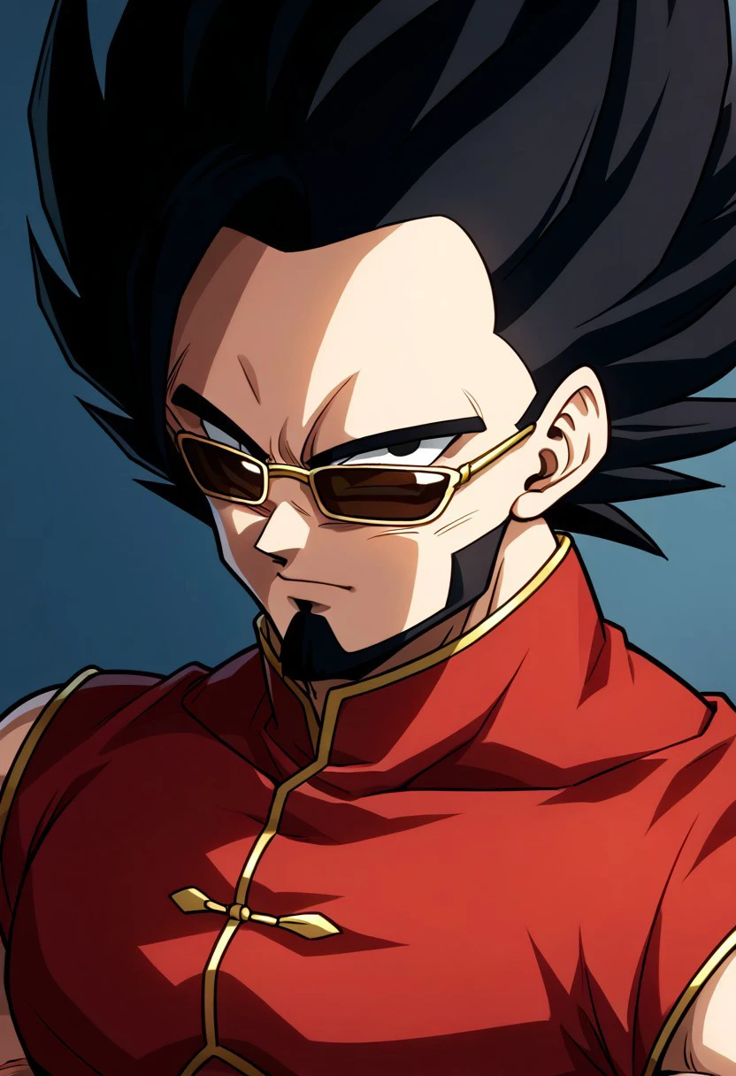 soulr, ((perfect anatomy)), detailed, perfection, bold lines, sharp eyes, solo, angle,  score_9, score_8_up, score_7_up, detailed, perfection, bold lines, sharp eyes, 1boy, solo, hardboiled, delinquent, (vegeta hair), (beard), dougi, chinese clothes, sunglasses