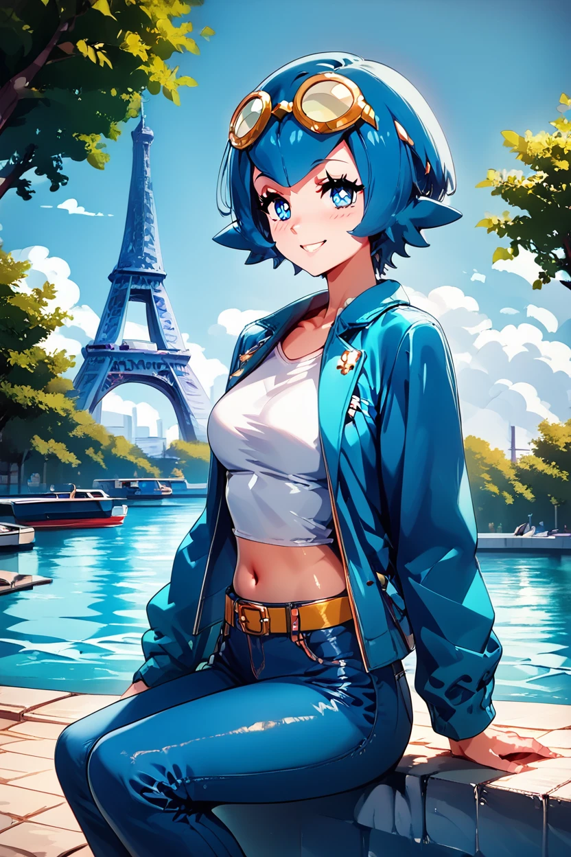 score_9, score_8_up, score_8, medium breasts, (curvy), cute, eyelashes,     ,,, , zzCLana, blue eyes, blue hair, short hair,  white shirt, open clothes, midriff, denim pants, blue jacket, goggles, <lora:CollegeLanaPDXL:1.0>, ,,,, BREAK, zzEiffelTower in background, sitting, watercraft, boat, sitting on wall, side view, looking at viewer, smile, ,,, BREAK, blooming stars, luminescent petals, otherworldly fragrance blurry background, ,,, embedding:zPDXL, Expressiveh, ,,, <lora:EiffelTowerPDXL:1.0>, <lora:CatalystStylePDXL:0.6>, <lora:SDXLFaeTastic2400:0.5>, <lora:Expressive_H-000001:0.4>,