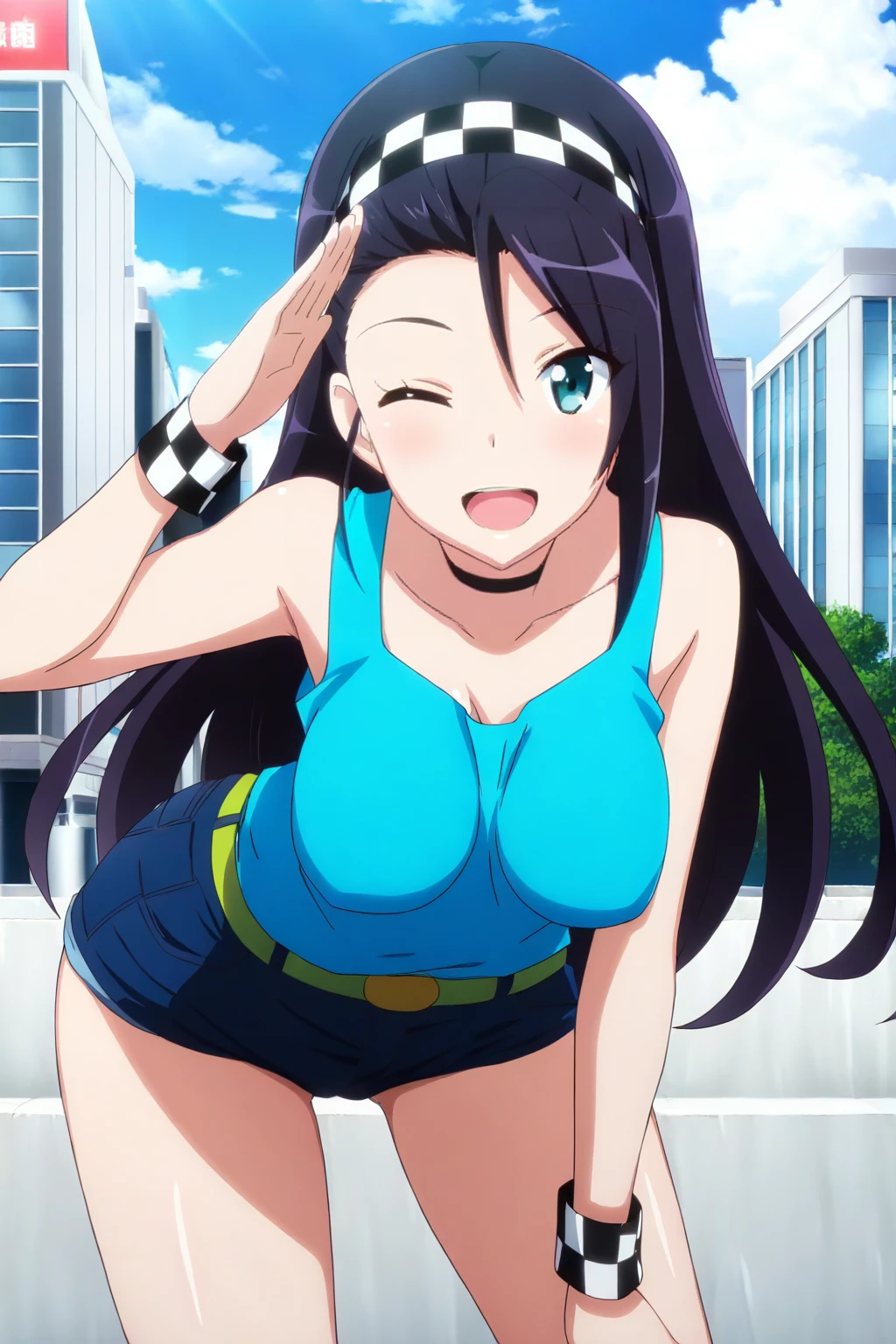 anime screenshot, rail wars!, kashima noa, 1girl, solo, black hair, long hair, forehead, asymmetrical bangs, checkered hairband, aqua eyes, one eye closed, medium breasts, aqua tank top, blue shorts, short shorts, green belt, wristband, checkered wristband, black choker, looking at viewer, smile, open mouth, standing, salute, leaning forward, cowboy shot, outdoors, city, day, blue sky, masterpiece, best quality, high quality, highres, absurdres, <lora:kashima_noa_ILXL:0.9>