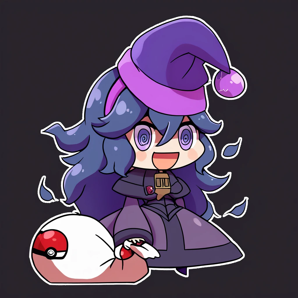 score_9, score_8_up, score_8,  ,,, zzPadoru, hex_maniac_(pokemon) , 1girl, long hair, smile, open mouth, simple background, long sleeves, dress, holding, hair between eyes, purple eyes, full body, purple hair, :d, hairband, witch hat, black background, messy hair, purple dress, outline, poke ball, @ @, poke ball (basic), white outline, purple headwear, purple hairband, holding sack,   ,<lora:PadoruMemePDXL:1.0>,   ,,, smile, looking at viewer,  ,,, embedding:zPDXL,  <lora:SDXLFaeTastic2400:0.5>,  <lora:Hex_Maniac_Pokemon_P1:1.0>,