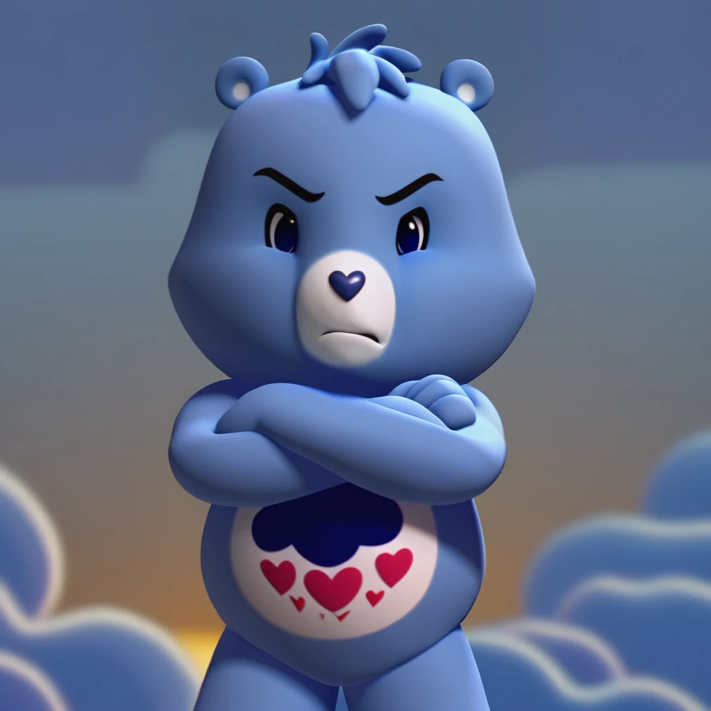 2d, cartoon, score_8, score_9, break, 3d, solo, male, grumpy bear, bear, blue fur, rain cloud with hearts badge, annoyed, crossed arms, Non human, standing, looking at viewer, on a cloud, cloudscape, night, dynamic pose, (detailed background, depth of field), (intricate:1.1), (high detail:1.2), (soft focus), (masterpiece, best quality, 4k, 2k, shaded, absurd res)