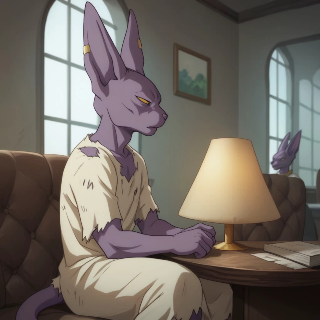 score_9, score_8_up, score_7_up, score_6_up, score_5_up, score_4_up, source_furry, dbbeerus, anthro, male, feline, purple skin, yellow eyes, inside, torn clothes, white night gown