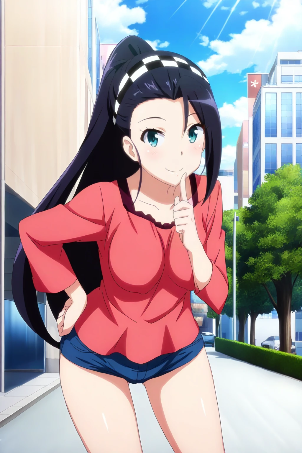 anime screenshot, rail wars!, kashima noa, 1girl, solo, black hair, long hair, forehead, asymmetrical bangs, checkered hairband, ponytail, aqua eyes, medium breasts, pink shirt, red shirt, t-shirt, long sleeves, blue shorts, short shorts, looking at viewer, smile, closed mouth, standing, hand on own hip, finger to mouth, leaning forward, cowboy shot, outdoors, city, road, day, sunlight, masterpiece, best quality, high quality, highres, absurdres, <lora:kashima_noa_ILXL:0.9>